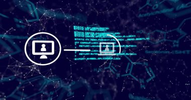 Bağlantıları olan soyut arkaplan üzerinden dijital ağ ve veri işleme resmi. Teknoloji, iletişim, gelecek, siber, bilgi, analitik