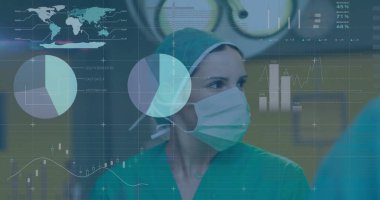 Operasyon sırasında beyaz doktorların veri işleme ve diyagramlarının görüntüsü. Tıp, teknoloji ve dijital arayüz kavramı dijital olarak oluşturulmuş görüntü.