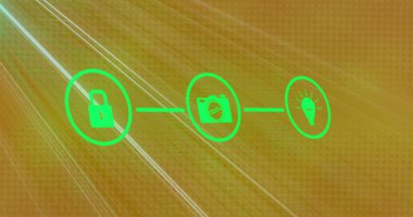 Siyah arkaplandaki simgelerle olan bağlantı ağının üzerindeki ışık izlerinin resmi. Küresel teknoloji, hesaplama, bağlantılar ve dijital arayüz konsepti dijital olarak oluşturuldu.