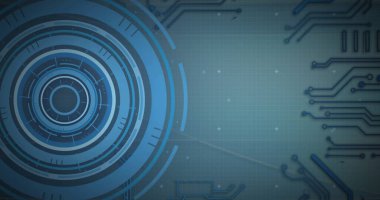 Mavi arka planda devre kartının üzerinde kapsam ve veri işleme görüntüsü. Küresel finans, iş, bağlantılar, hesaplama ve veri işleme kavramı dijital olarak oluşturuldu.