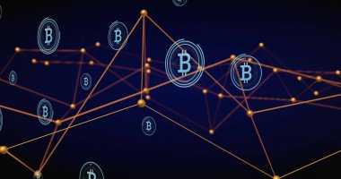 Bitcoin üzerinden bağlantı ağının görüntüsü. Teknoloji, iş ve dijital arayüz kavramı dijital olarak oluşturulmuş görüntü.