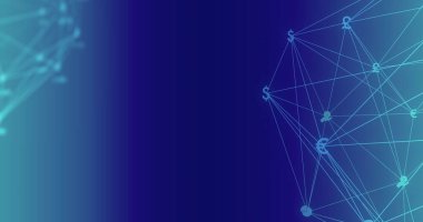 Mavi arkaplandaki simgelerle bağlantı ağının resmi. İş, teknoloji ve dijital arayüz kavramı dijital olarak oluşturuldu.