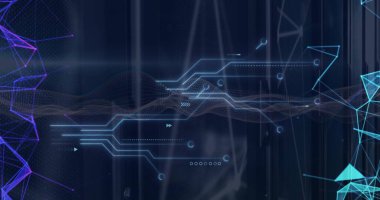 Bilgisayar devre kartından dijital veri işleme resmi. Dijital olarak oluşturulmuş küresel bağlantılar, hesaplama ve veri işleme kavramı.