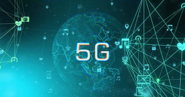 Siyah arkaplandaki simgelerle 5 G ve bağlantı ağına sahip dünya görüntüsü. Küresel teknoloji, bağlantılar, hesaplama ve dijital arayüz kavramı dijital olarak oluşturulmuş görüntü.