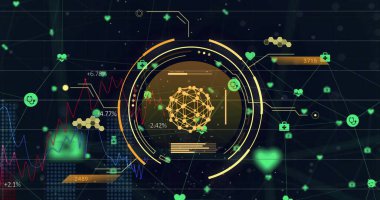 Küresel ağ üzerinde dairesel tarayıcı görüntüsü ve siyah arkaplan üzerinde işlem verisi. Ağ, veri, bağlantı, dijital arayüz ve iletişim, dijital olarak oluşturulmuş resim.