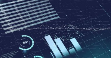 Mavi arka planda finansal veri işleme resmi. Küresel finans, iş, bağlantılar, hesaplama ve veri işleme kavramı dijital olarak oluşturuldu.