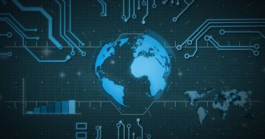 Ekranlardaki devre kartının üzerinde küre ve veri işleme görüntüsü. Küresel finans, iş, bağlantılar, hesaplama ve veri işleme kavramı dijital olarak oluşturuldu.