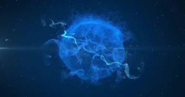 Siyah arkaplanda hareket eden parlak ışık izlerine sahip bir küre görüntüsü. Işık, renk ve hareket kavramı dijital olarak oluşturuldu.