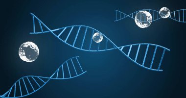 Beyaz kabarcıklar üzerinde hareket eden DNA iplikleri. Bilim, teknoloji ve dijital arayüz kavramı dijital olarak oluşturuldu.
