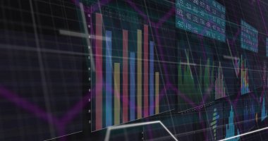 Siyah arkaplanda tarama yapan veri işleme resmi. Küresel teknoloji, bilgisayar ve dijital arayüz kavramı dijital olarak oluşturulmuş görüntü.