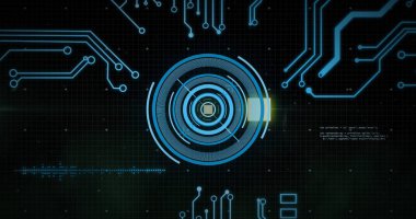 Siyah arkaplanda tarama yapan veri işleme resmi. Küresel teknoloji, bilgisayar ve dijital arayüz kavramı dijital olarak oluşturulmuş görüntü.