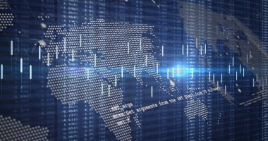 Finansal veri işleme görüntüsü ve karanlık arka planda dünya haritası. İş, bağlantılar, hesaplama ve veri işleme kavramı dijital olarak oluşturulmuş görüntü.