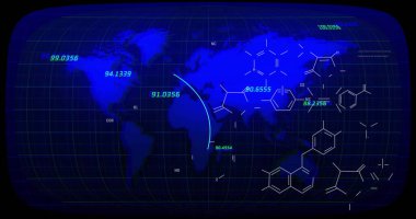 Chemical formulas and coordinates image over world map. Science, technology, data, chemistry, global, mapping clipart