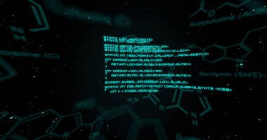 Kimyasal yapılar ve moleküler formüller koyu arkaplan üzerinde yüzen parçacıklar. Kimya, moleküller, bilim, teknoloji, dijital, fütüristik