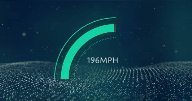 Hız göstergesi resmi, parlayan noktalı dijital manzara üzerinde 131 mph hız gösteriyor. teknoloji, gelecek, performans, hareket, veri, sanal