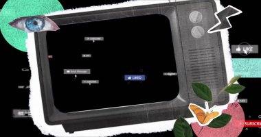 Kolaj unsurları olan eski bir televizyon ekranı üzerinden sosyal medya bildirimleri. Teknoloji, retro, dijital, iletişim, multimedya, yaratıcılık