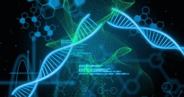 Veri işleme resimli DNA iplikleri ve moleküler yapılar. Bilim, teknoloji, araştırma, biyoteknoloji, genetik, genom