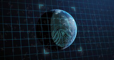 Dünya üzerinde biyometrik parmak izi ve veri işleme görüntüsü. Dijital olarak oluşturulmuş küresel bağlantılar, hesaplama ve veri işleme kavramı.
