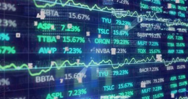 Finansal tabloların üzerinde sayısal veri işleme resmi. Bağlantı, veri, finans, iş, işlem, dijital arayüz ve iletişim, dijital olarak oluşturulmuş görüntü.