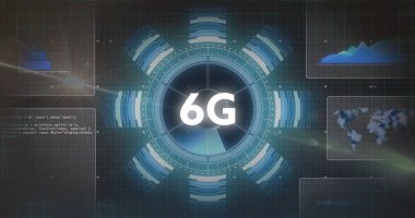Tarayıcı üzerinde 6G metin resmi ve karanlık arkaplan üzerinde grafik işleme verileri. Bağlantı, ağ, veri, dijital arayüz ve iletişim, dijital olarak oluşturulmuş resim.
