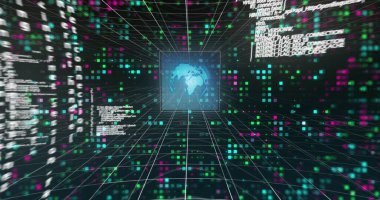 Siyah arkaplandaki renkli ışık noktalarının üzerinde veri işleme resmi. Küresel teknoloji, bilgisayar ve dijital arayüz kavramı dijital olarak oluşturulmuş görüntü.