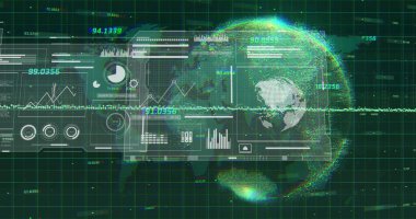 Dünya haritası ve dijital ızgara üzerinde küresel veri analizi ve istatistik görüntüsü. teknoloji, ağ, bilgi, büyük veri, görselleştirme, siber