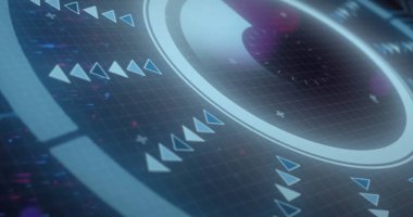 Siyah arkaplanda renkli ışık noktalarını tarayan bir teleskop görüntüsü. Küresel teknoloji, bilgisayar ve dijital arayüz kavramı dijital olarak oluşturulmuş görüntü.