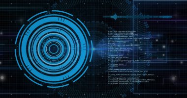 Siyah arkaplanda tarama ve veri işleme görüntüsü. Küresel teknoloji, bilgisayar ve dijital arayüz kavramı dijital olarak oluşturulmuş görüntü.