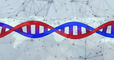 DNA ipliği dünya haritası üzerinde ağ bağlantılarıyla birlikte. Genetik, biyoloji, bilim, teknoloji, veri, küresel