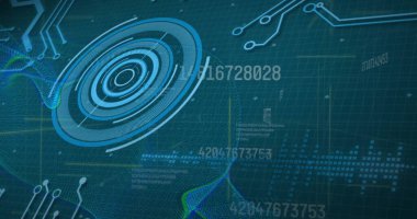 Bilgisayar devre kartının üzerinde tarama ve veri işleme görüntüsü. Dijital olarak oluşturulmuş küresel bağlantılar, hesaplama ve veri işleme kavramı.