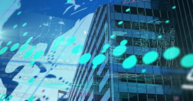 Modern ofis binası üzerinde dünya haritası olan finansal veri işleme resmi. Küresel iş, bağlantılar, finans ve dijital arayüz kavramı dijital olarak oluşturulmuş görüntü.