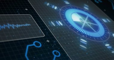 Siyah arkaplandaki renkli ışık noktalarının üzerinde veri işleme ile tarama yapılan alanın görüntüsü. Küresel teknoloji, bilgisayar ve dijital arayüz kavramı dijital olarak oluşturulmuş görüntü.