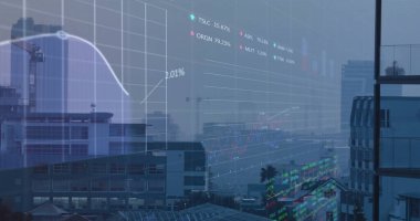Finansal veriler ve borsa eğilimleri şehir manzarası üzerindeki imajını gösteriyor. Finans, veri analizi, iş, yatırım, istatistik, ticaret
