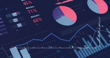 Karanlık arkaplan üzerinde istatistik ve dijital veri işleme resmi. Dijital olarak oluşturulmuş küresel bağlantılar, hesaplama ve veri işleme kavramı.