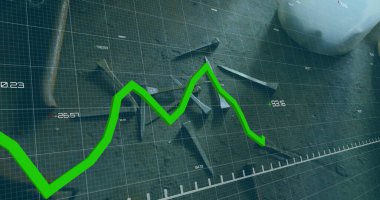 Green financial graph image over abstract background with grid and numbers. Finance, investment, data, analytics, growth, economy clipart