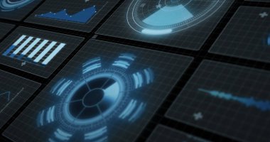 Ekranların üzerinde dijital veri işleme ve dürbün görüntüsü. Dijital olarak oluşturulmuş küresel bağlantılar, hesaplama ve veri işleme kavramı.