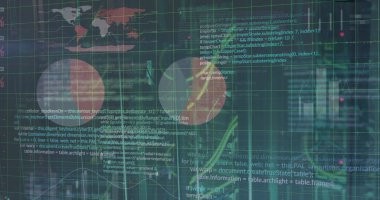 Dünya haritası ve grafiklerini kaplayan, küresel veri analizini temsil eden dijital kod resmi. analitik, büyük veri, teknoloji, arayüz, fütürist, ağ