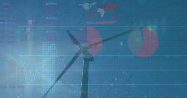 Rüzgar türbini üzerinde işlenen finansal veri görüntüsü. Küresel çevre, finans, iş dünyası, bağlantılar, hesaplama ve veri işleme kavramı dijital olarak oluşturuldu.