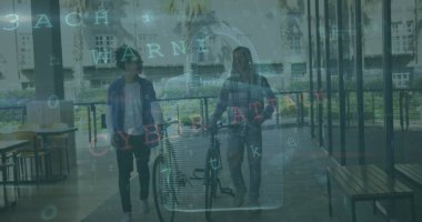 Bisikletle yürüyen çift ırklı erkek arkadaşlarının üzerinde asma kilit simgesi olan veri işleme görüntüsü. Küresel teknoloji, çevrimiçi güvenlik ve dijital arayüz kavramı dijital olarak oluşturulmuş görüntü.