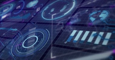 Siyah arkaplanda veri işleme ile tarama kapsamı resmi. Küresel teknoloji, bilgisayar ve dijital arayüz kavramı dijital olarak oluşturulmuş görüntü.