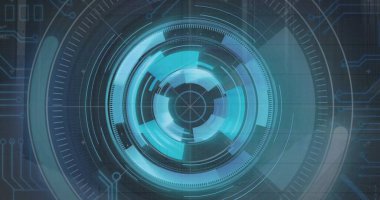 Şekiller üzerinde tarama yapan bir kamera görüntüsü. Küresel teknoloji ve dijital arayüz konsepti dijital olarak oluşturuldu.