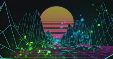 Pembe ve sarı güneşin şebeke üzerindeki görüntüsü ve siyah arkaplanda parlayan ışıklar. Bağlantı, yolculuk, arkaplan, dijital arayüz ve iletişim, dijital olarak oluşturulmuş görüntü.