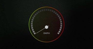 Hız göstergesinin sıfırdaki görüntüsü, koyu arkaplanda sabit bir araç gösteriyor. gösterge paneli, otomobil, gösterge, ölçü, ulaşım, kontrol