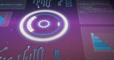 Dairesel tarayıcı, ışık ve grafik işleme verileri koyu mor arkaplan üzerinde. Bağlantı, ağ, veri, dijital arayüz ve iletişim, dijital olarak oluşturulmuş resim.