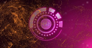 Turuncu parçacıklarla dairesel dijital arayüz görüntüsü. teknoloji, elektronik, ekran, ekran, internet, fütürist