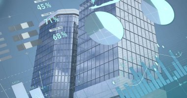 Modern ofis binaları üzerinde finansal veri işleme resmi. Küresel iş, finans, hesaplama, iletişim ve dijital arayüz kavramı dijital olarak oluşturuldu.