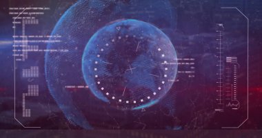 Veri işleme görüntüsü ve dünya üzerindeki noktalar. Küresel teknoloji ve dijital arayüz konsepti dijital olarak oluşturuldu.