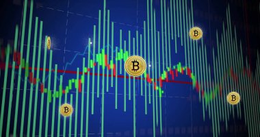 Bitcoin işaretlerinin resmi, ekranda dijital veri işleme. Küresel finans, iş, bağlantılar, hesaplama ve veri işleme kavramı dijital olarak oluşturuldu.