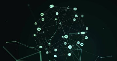 Siyah arkaplandaki simgelerle bağlantılı dünya resmi. Küresel teknoloji, bağlantılar, hesaplama ve dijital arayüz kavramı dijital olarak oluşturulmuş görüntü.