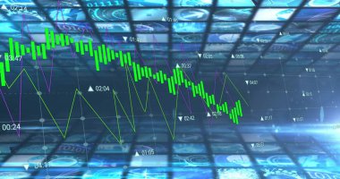 Dijital ekranlar üzerinden dijital veri işleme resmi. Küresel finans, iş, bağlantılar, hesaplama ve veri işleme kavramı dijital olarak oluşturuldu.